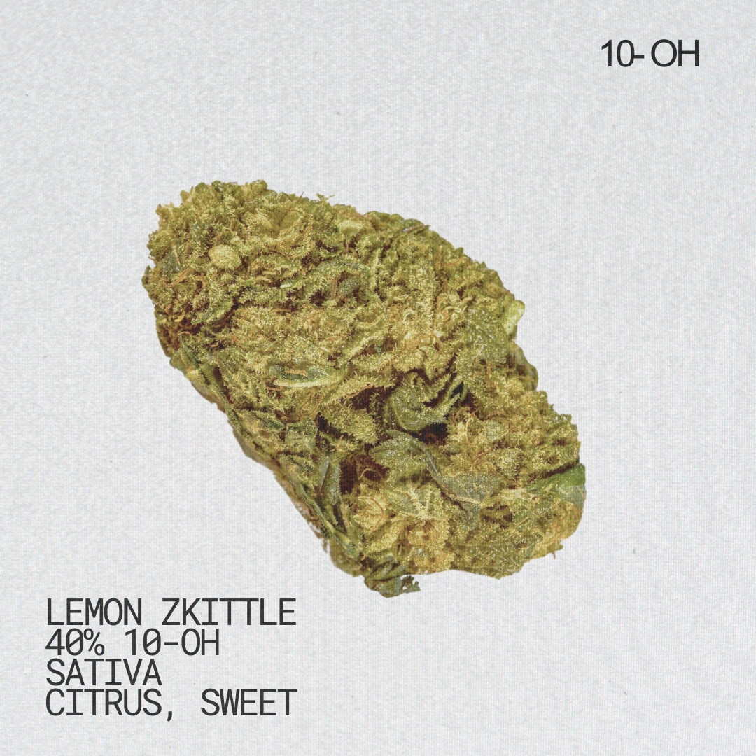 Lemon Zkittle 10-OH Blüten mit 40% Gehalt, sativa-dominant, fruchtig-zitrus und süßes Aroma.