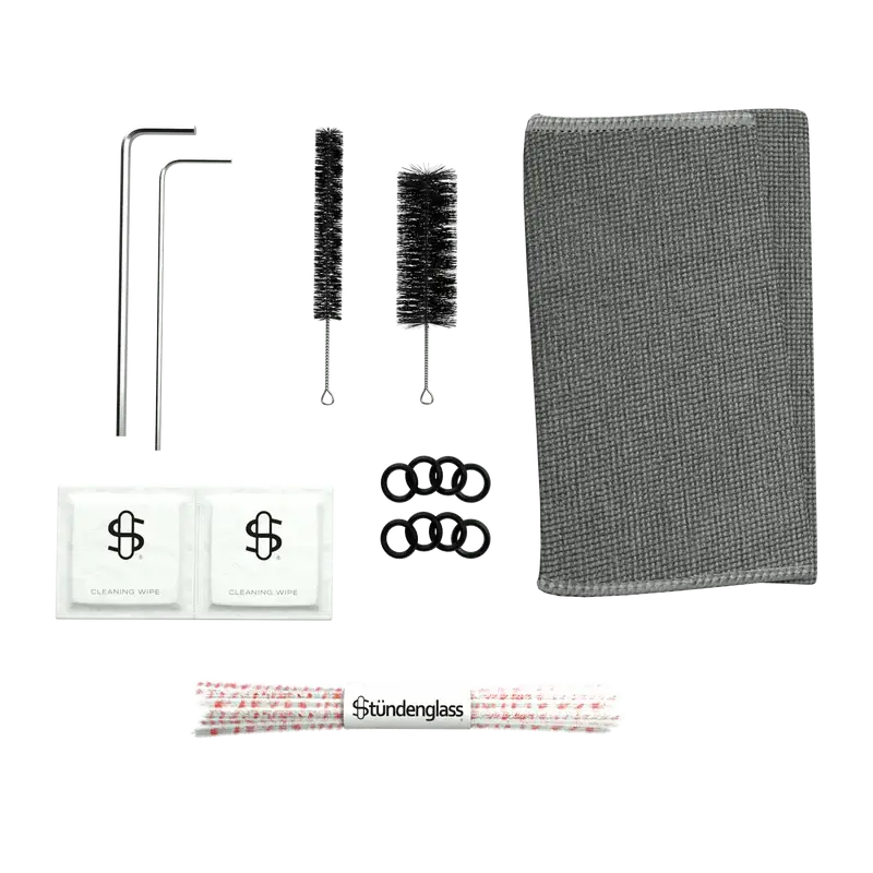 Reinigungsset für Stundenglass Vaporizer mit Bürsten, Reinigungswisch, Werkzeugen und Zubehör.