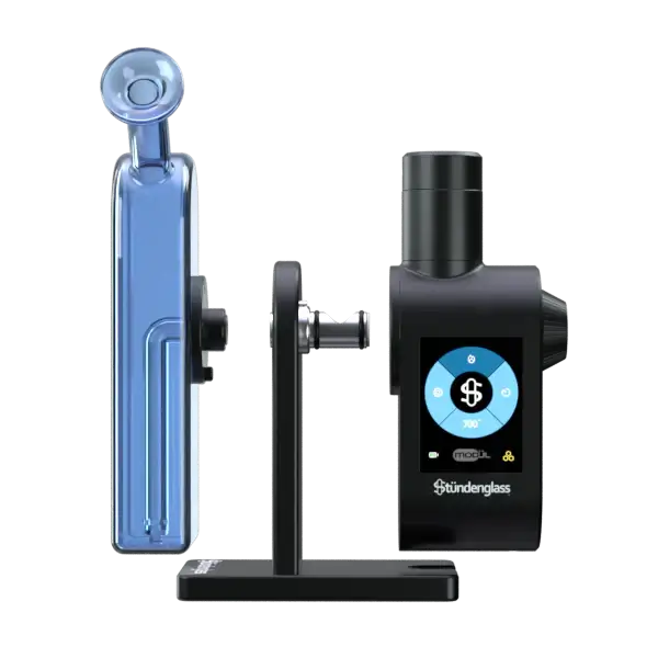 Stundenglass Modül + Dok Deluxe Travel Set mit blauem Glas, ideal für Kräuter und Extrakte, stilvoll und effizient.