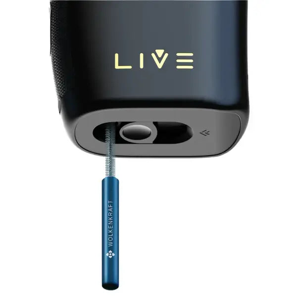 Detailansicht des Wolkenkraft Live Vaporizers mit BLUEM Zubehör für Kräuter und Extrakte, stilvoll und funktional.