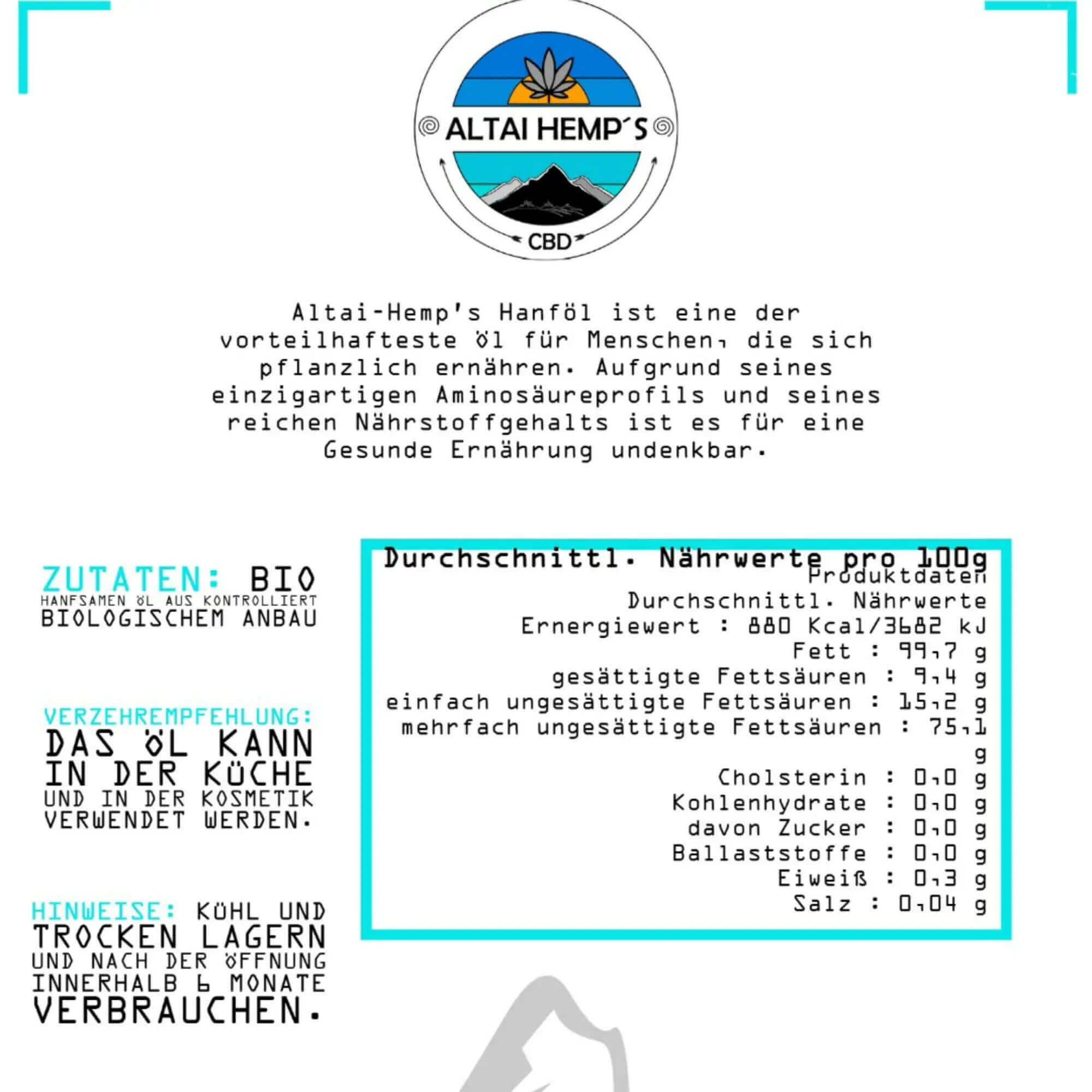 Altai- Hemp's BIO Hanfsamenöl 100ml Information-Details